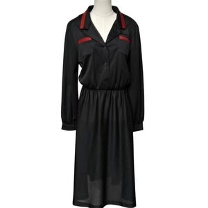 Vintage Sharon Dee Dress Womens 16 Black Shirt Midi Red Trim Collared 80s